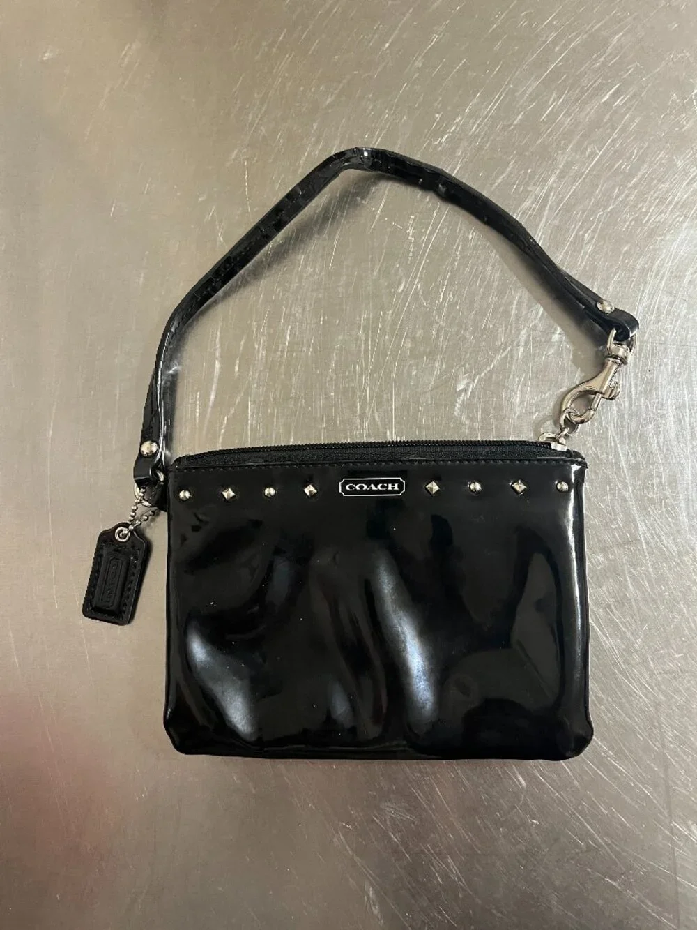 COACH Black Glossy Studded Pouchette Small Wristlet Wallet Pouch